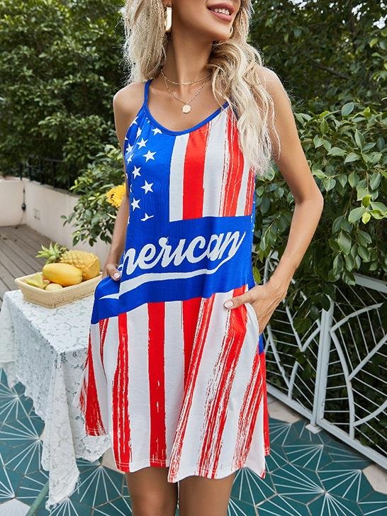 Distressed Flag Print Scoop Neck Spaghetti Strap Shift Mini Dress