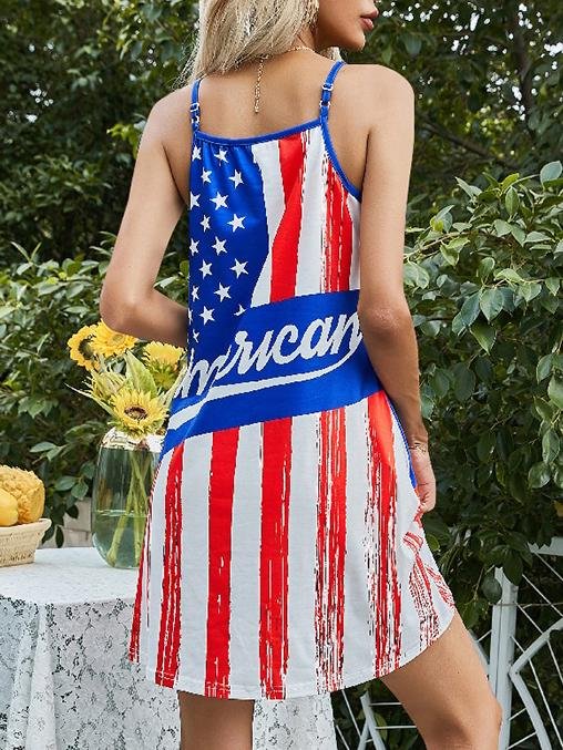 Distressed Flag Print Scoop Neck Spaghetti Strap Shift Mini Dress
