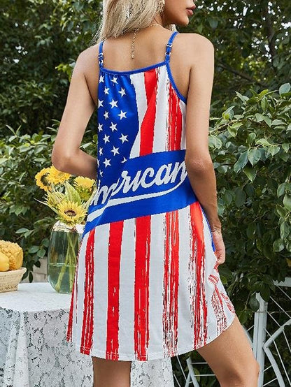 Distressed Flag Print Scoop Neck Spaghetti Strap Shift Mini Dress