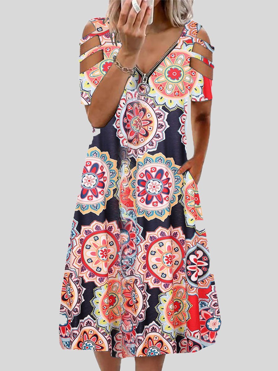 Mandala Print Zip Front Cold Shoulder Strap Midi Dress