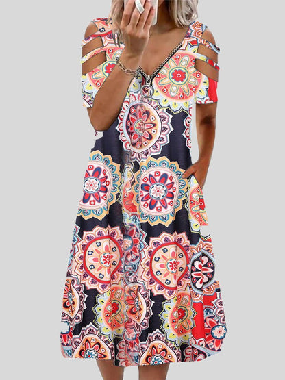 Mandala Print Zip Front Cold Shoulder Strap Midi Dress