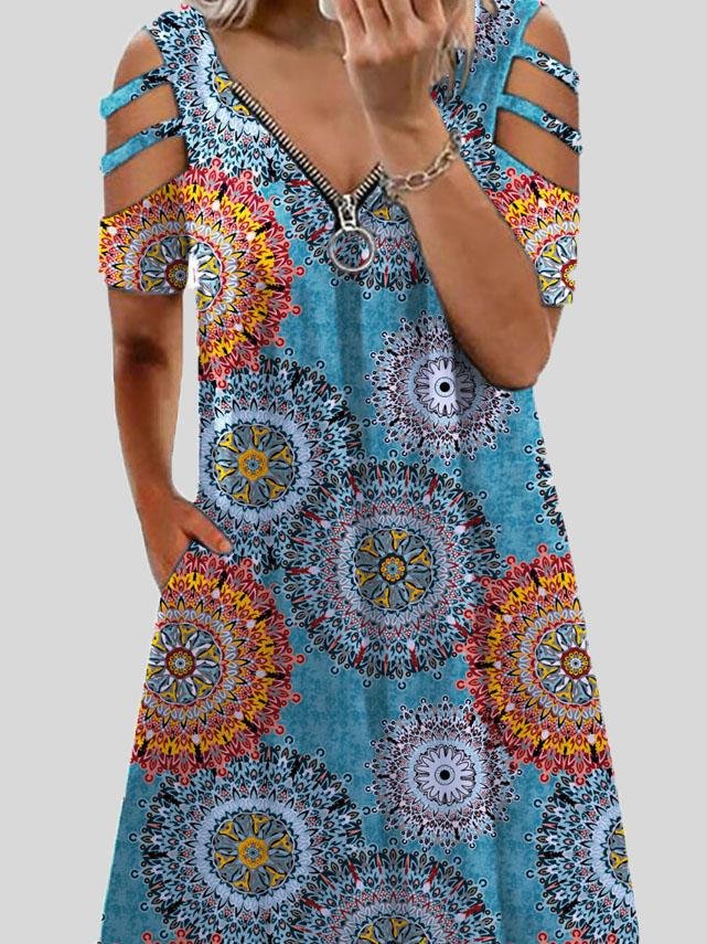 Mandala Print Zip Front Cold Shoulder Strap Midi Dress