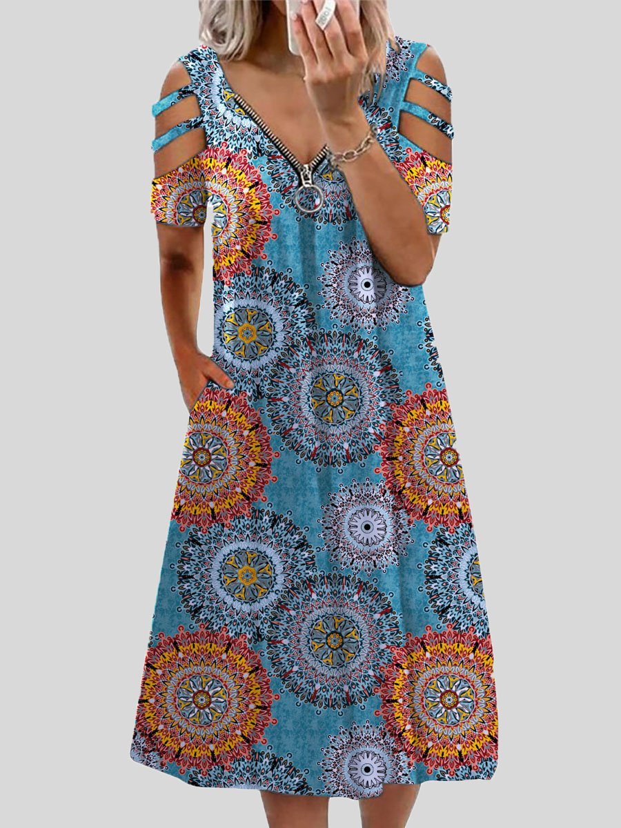 Mandala Print Zip Front Cold Shoulder Strap Midi Dress