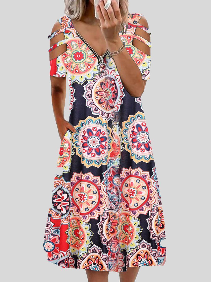 Mandala Print Zip Front Cold Shoulder Strap Midi Dress