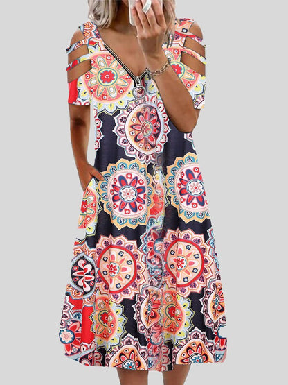 Mandala Print Zip Front Cold Shoulder Strap Midi Dress