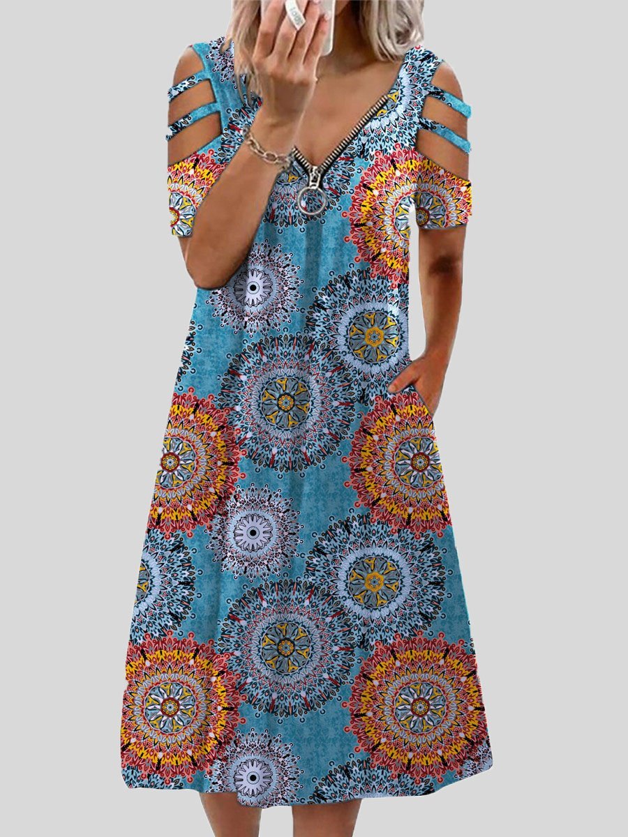 Mandala Print Zip Front Cold Shoulder Strap Midi Dress