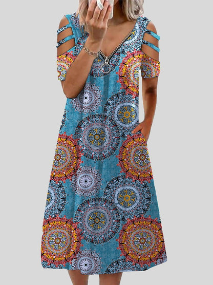Mandala Print Zip Front Cold Shoulder Strap Midi Dress