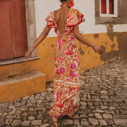 V Neck Retro Print Skirt Two Piece Set