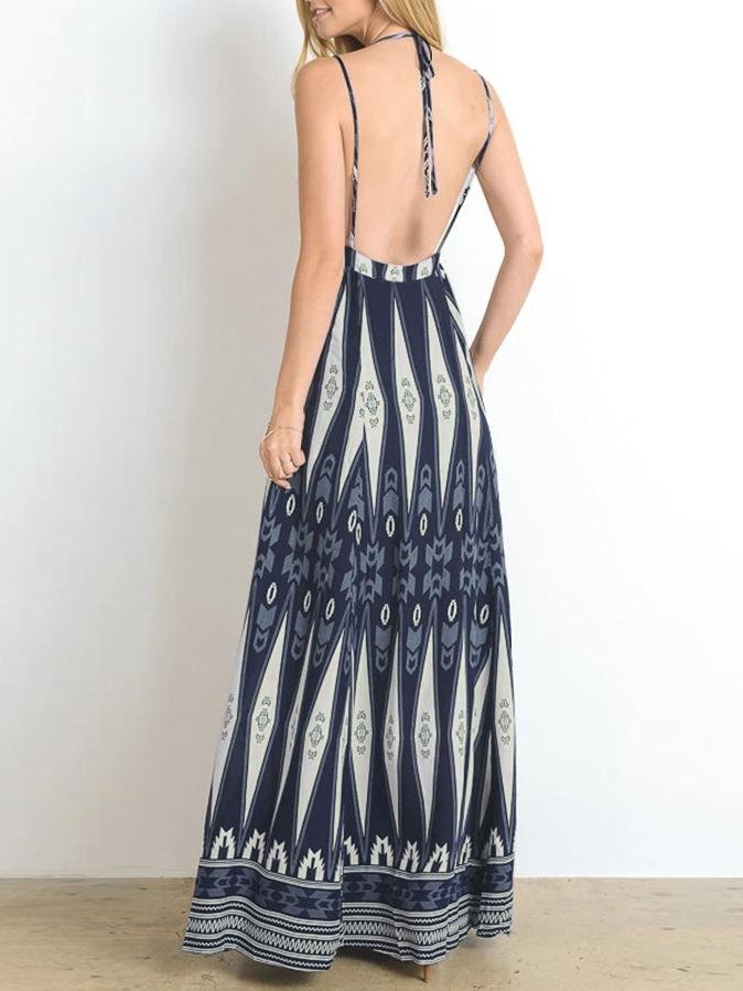 Geometric Panel Print V Neck Spaghetti Strap Empire Waist Boho Maxi Dress