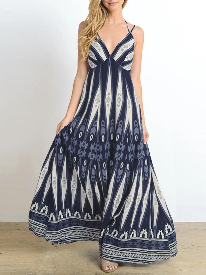 Geometric Panel Print V Neck Spaghetti Strap Empire Waist Boho Maxi Dress