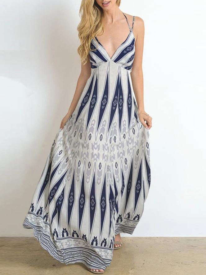 Geometric Panel Print V Neck Spaghetti Strap Empire Waist Boho Maxi Dress