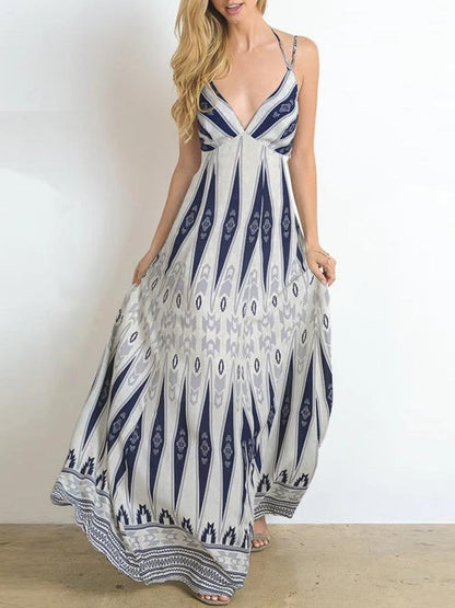 Geometric Panel Print V Neck Spaghetti Strap Empire Waist Boho Maxi Dress