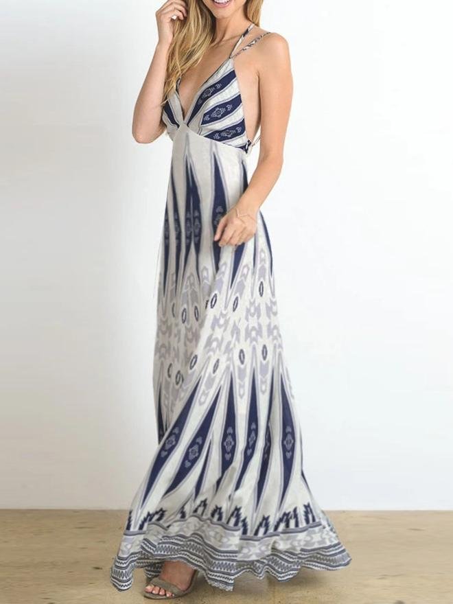 Geometric Panel Print V Neck Spaghetti Strap Empire Waist Boho Maxi Dress