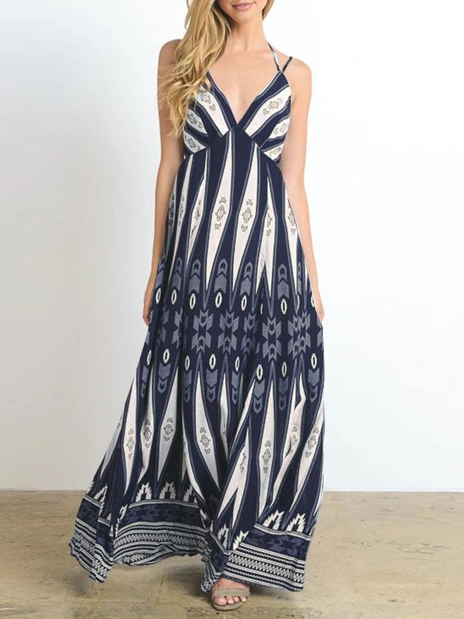 Geometric Panel Print V Neck Spaghetti Strap Empire Waist Boho Maxi Dress