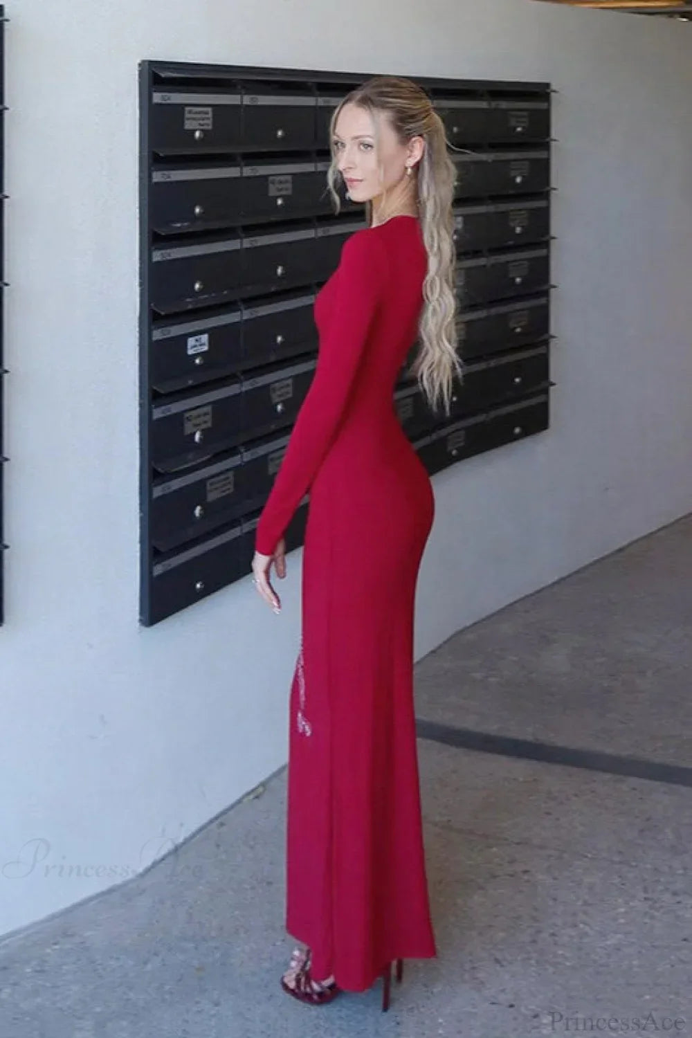 V Neck Rhinestone Fitted Maxi Dress