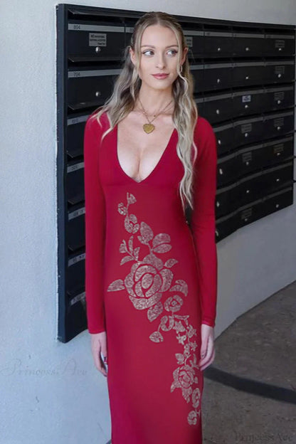 V Neck Rhinestone Fitted Maxi Dress