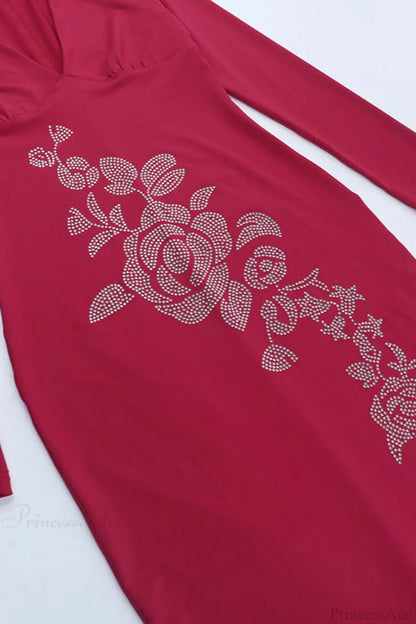 V Neck Rhinestone Fitted Maxi Dress