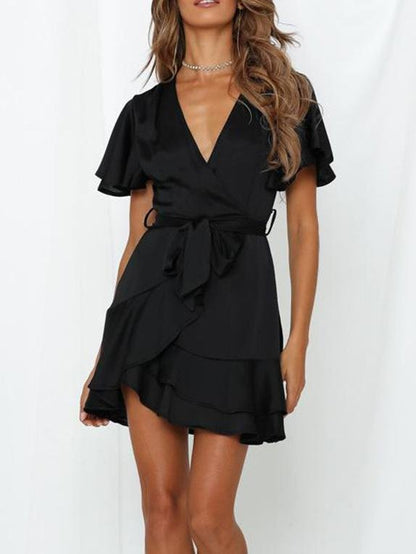 Satin Wrap V-Neck Flutter Sleeve Belt Tie Ruffle Hem Mini Dress