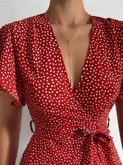 Satin Wrap V-Neck Flutter Sleeve Belt Tie Ruffle Hem Mini Dress