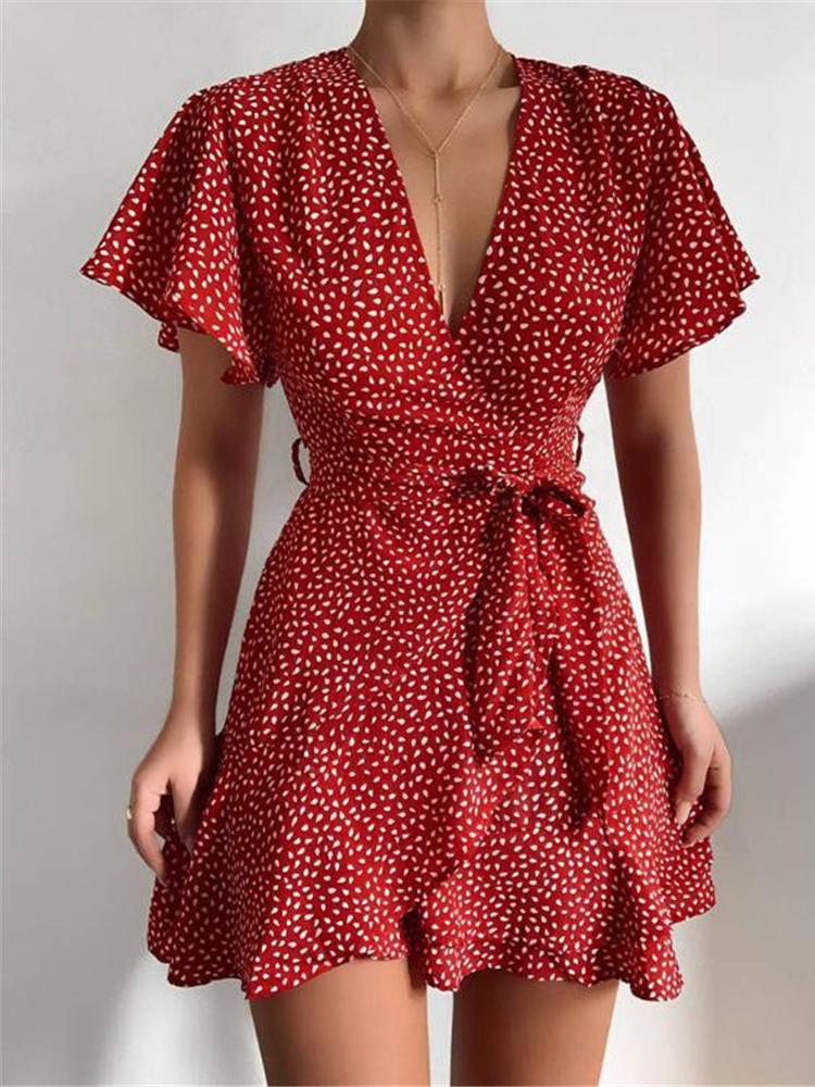 Satin Wrap V-Neck Flutter Sleeve Belt Tie Ruffle Hem Mini Dress