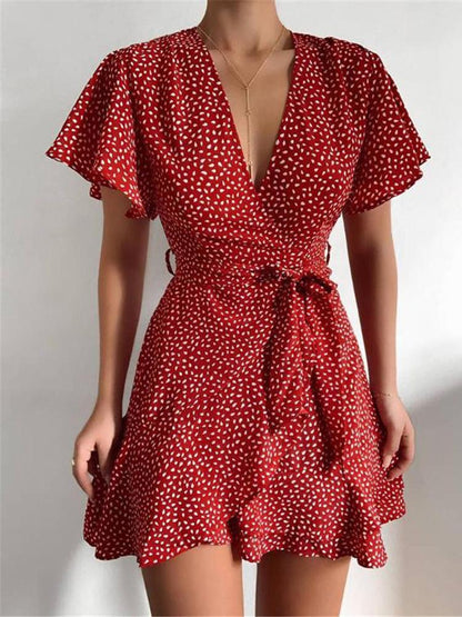Satin Wrap V-Neck Flutter Sleeve Belt Tie Ruffle Hem Mini Dress