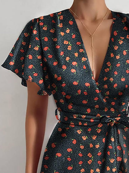 Satin Wrap V-Neck Flutter Sleeve Belt Tie Ruffle Hem Mini Dress