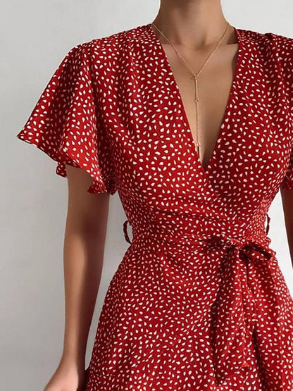 Satin Wrap V-Neck Flutter Sleeve Belt Tie Ruffle Hem Mini Dress