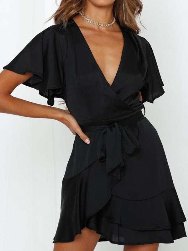 Satin Wrap V-Neck Flutter Sleeve Belt Tie Ruffle Hem Mini Dress
