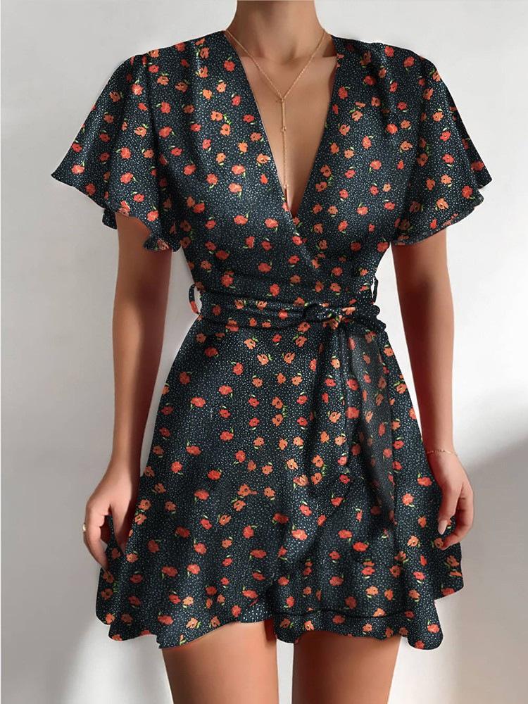 Satin Wrap V-Neck Flutter Sleeve Belt Tie Ruffle Hem Mini Dress