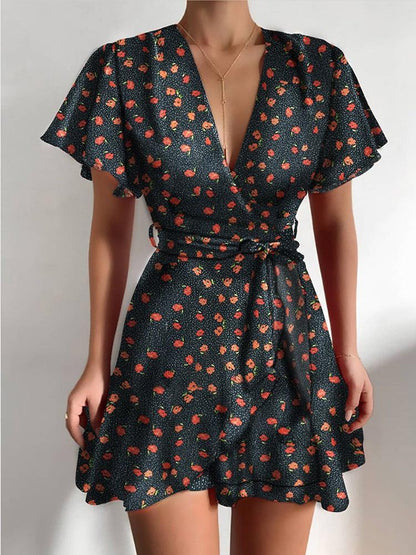 Satin Wrap V-Neck Flutter Sleeve Belt Tie Ruffle Hem Mini Dress