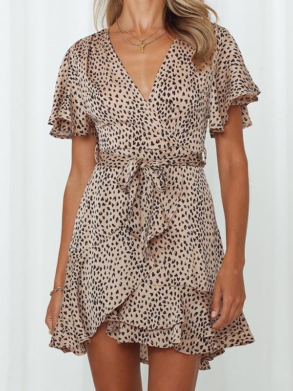 Satin Wrap V-Neck Flutter Sleeve Belt Tie Ruffle Hem Mini Dress