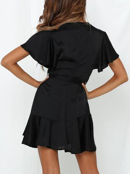 Satin Wrap V-Neck Flutter Sleeve Belt Tie Ruffle Hem Mini Dress