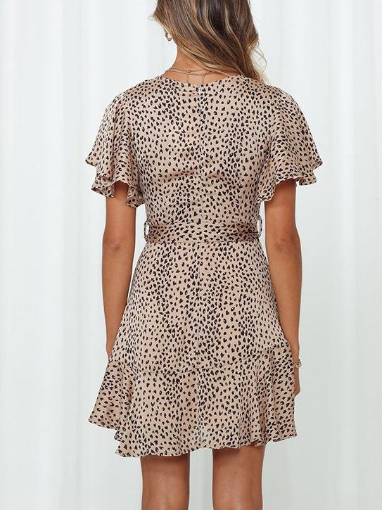 Satin Wrap V-Neck Flutter Sleeve Belt Tie Ruffle Hem Mini Dress