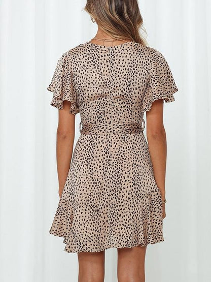 Satin Wrap V-Neck Flutter Sleeve Belt Tie Ruffle Hem Mini Dress