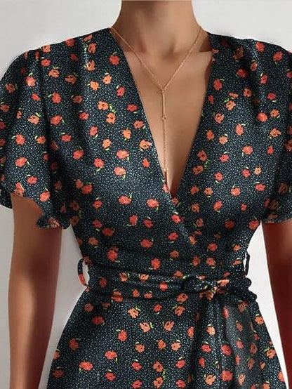 Satin Wrap V-Neck Flutter Sleeve Belt Tie Ruffle Hem Mini Dress