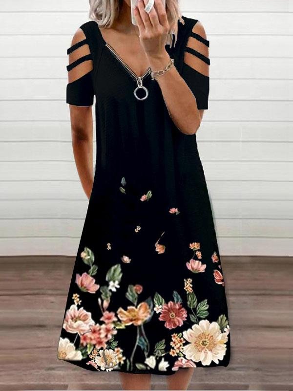 Ring Zip Front Deep V-Neck Cold Shoulder Floral Border Print Pocket Dress