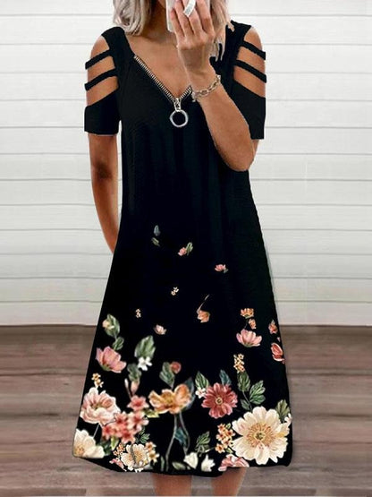 Ring Zip Front Deep V-Neck Cold Shoulder Floral Border Print Pocket Dress
