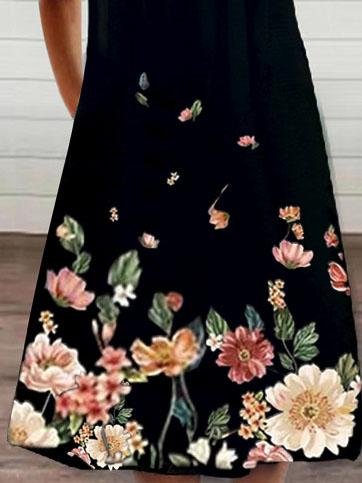 Ring Zip Front Deep V-Neck Cold Shoulder Floral Border Print Pocket Dress