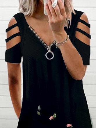 Ring Zip Front Deep V-Neck Cold Shoulder Floral Border Print Pocket Dress