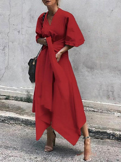 Deep V-Neck Flutter Sleeve Wrap Tie Asymmetrical Handkerchief Hem Midi Dress