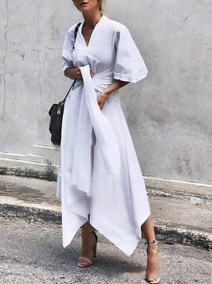 Deep V-Neck Flutter Sleeve Wrap Tie Asymmetrical Handkerchief Hem Midi Dress