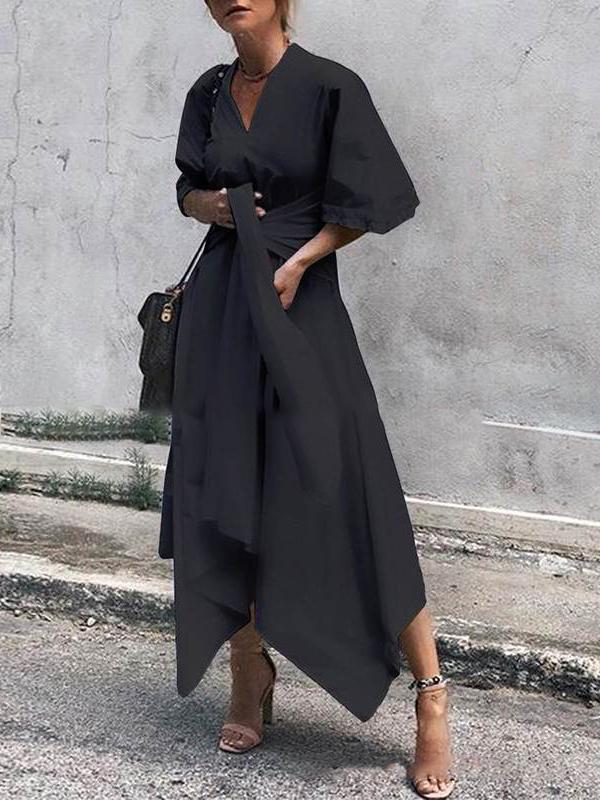 Deep V-Neck Flutter Sleeve Wrap Tie Asymmetrical Handkerchief Hem Midi Dress