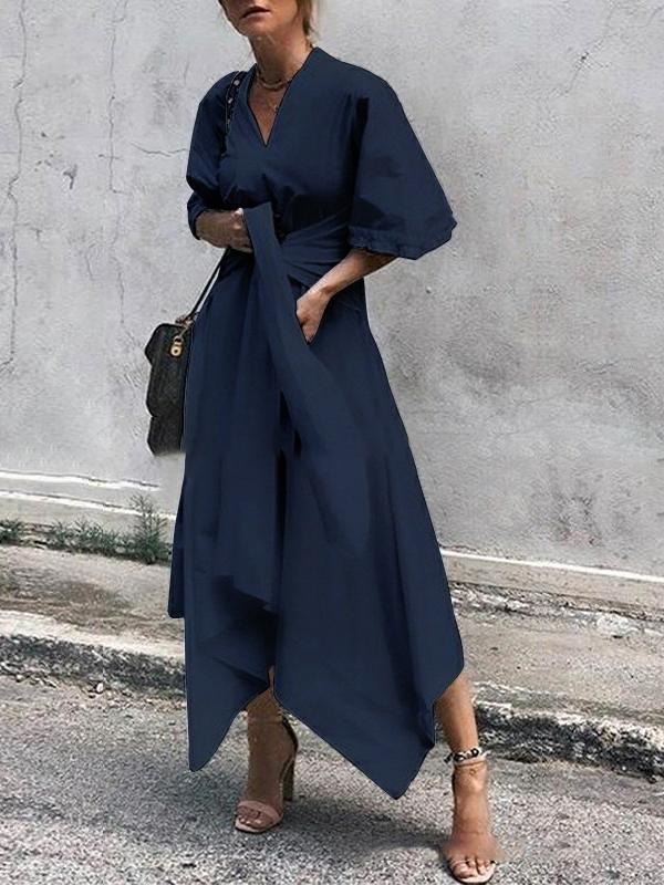 Deep V-Neck Flutter Sleeve Wrap Tie Asymmetrical Handkerchief Hem Midi Dress