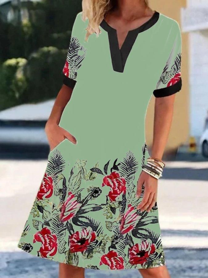 V-Neck Short Sleeve Border Floral Print Pocket Shift Knee Length Dress