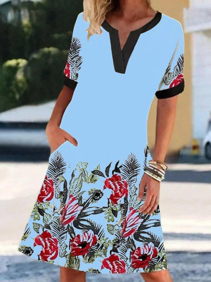 V-Neck Short Sleeve Border Floral Print Pocket Shift Knee Length Dress