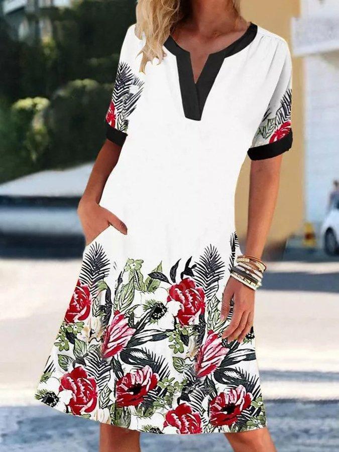 V-Neck Short Sleeve Border Floral Print Pocket Shift Knee Length Dress