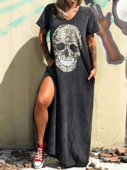 V-Neck Short Sleeve Skull Print Mineral Wash Side Slit Pocket Maxi T-Shirt Dress