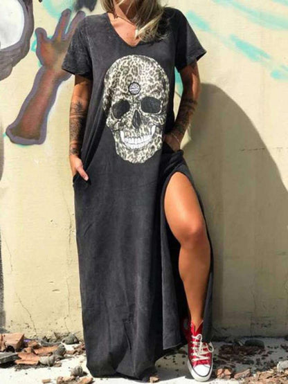 V-Neck Short Sleeve Skull Print Mineral Wash Side Slit Pocket Maxi T-Shirt Dress