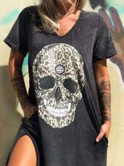 V-Neck Short Sleeve Skull Print Mineral Wash Side Slit Pocket Maxi T-Shirt Dress