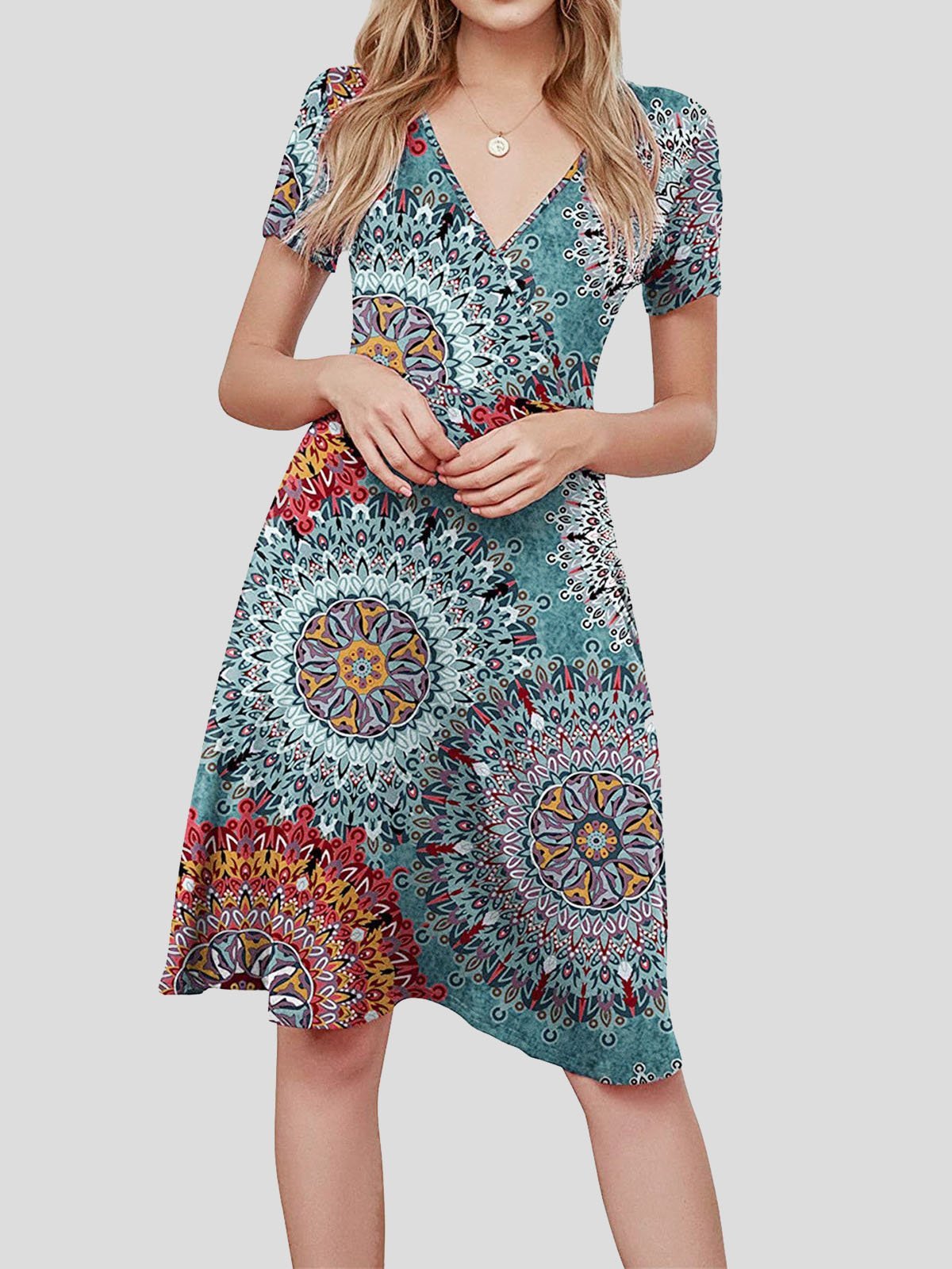 V-Neck Short Puff Sleeve Mandala Print Fit-and-Flare Mini Dress